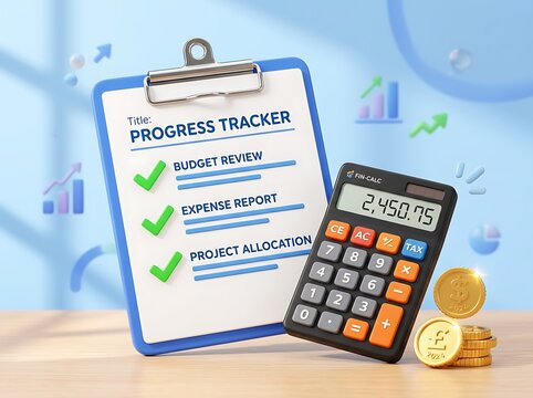 Progress tracker clipboard with calculator and coins on wooden desk for finance and business planning  financial management and accounting concept