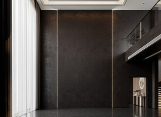 The modern living room interior and double space volume and black pattern wall decoration. 3d render  © teeraphan
