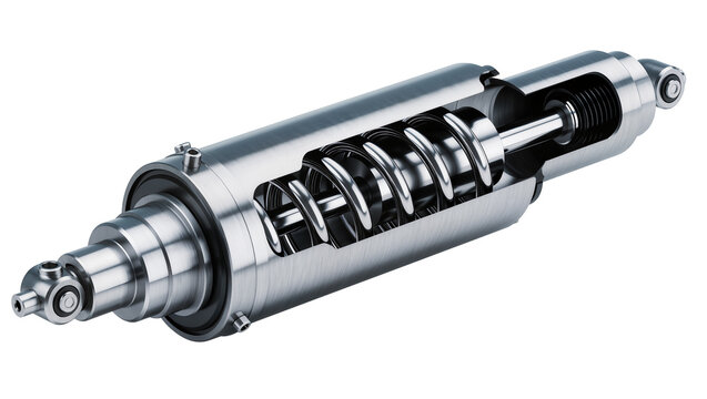 Detailed silver automotive shock absorber with coiled spring and metal housing, isolated on transparent background for mechanical diagrams and engineering