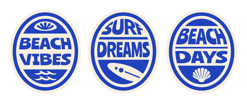 Retro Summer Beach rounded Badges Vector Illustrations with Quotes, Vintage Surf Vibes Sticker Design for T-Shirt Prints, Poster, Coastal Designs.