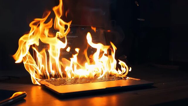 暗いデスクのノートパソコン画面が燃え上がるネット炎上の象徴
