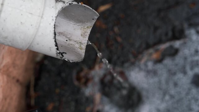 Close-up of rainwater flowing from drain pipe on house exterior. Water stream pouring from roof gutter downspout during rainy weather, outdoor drainage system detail with shallow depth of field