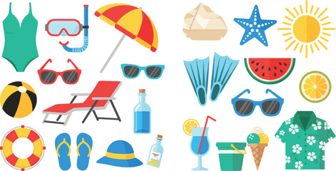 Summer beach vacation elements vector set with sunglasses umbrella swimsuit ice cream flip flops sun and accessories for travel holiday design isolated on white © MdNazmul