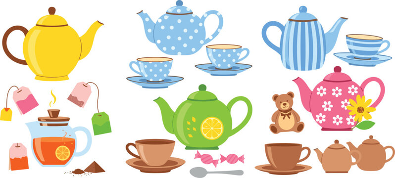 Tea set vector collection with teapots cups teabags and sweets colorful illustration for cafe menu kitchen design and beverage themes isolated on white