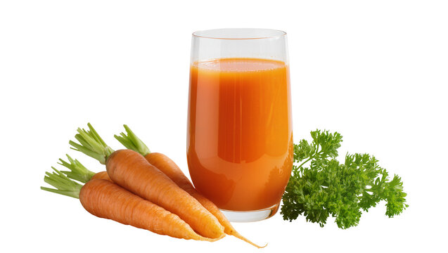 Fresh orange carrot juice in tall glass alongside two vibrant carrots and a sprig of parsley, isolated on transparent background for healthy recipes