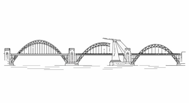 Linear illustration of a multi-arched bridge with a central bascule span over water