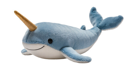 Soft plush narwhal toy with a long spiraled horn, playfully posed and isolated on transparent background for children s designs © Julie
