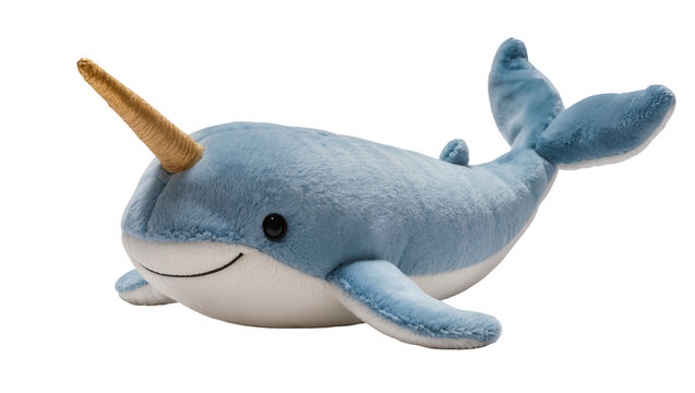 Soft plush narwhal toy with a long spiraled horn, playfully posed and isolated on transparent background for children s designs