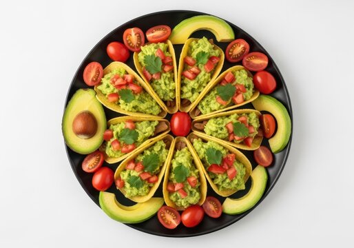 Overhead view of taco platter arranged in flower shape with avocado and tomato.