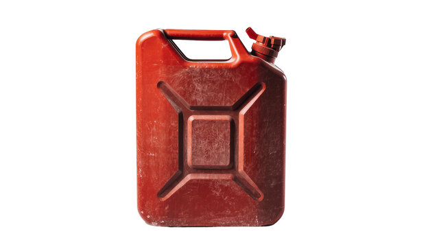 Rusty red plastic jerrycan with a brown handle and spout, isolated on transparent background for industrial or automotive design projects