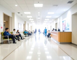 Fototapeta premium Bright hospital corridor with patients and staff walking.