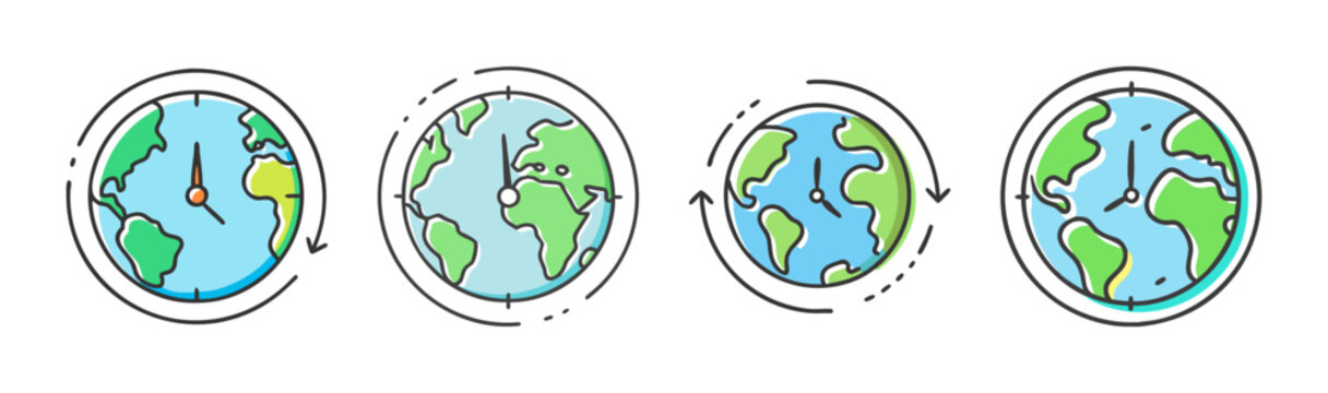 Set of four flat design icons representing world time zones and global clock.