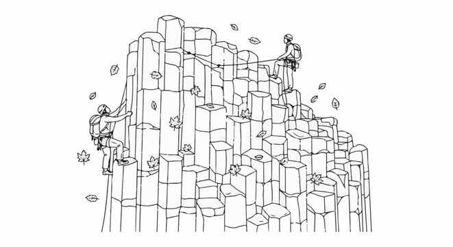 Two climbers ascend hexagonal rock formations with falling autumn leaves