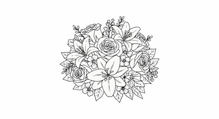 Fototapeta premium A delicate line drawing of a floral bouquet featuring roses and lilies