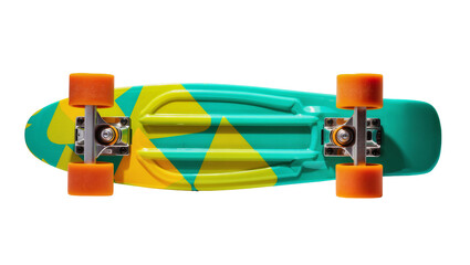 Vibrant turquoise and orange penny board with silver trucks and wheels, isolated on transparent background for promotional graphics and web design © Julie