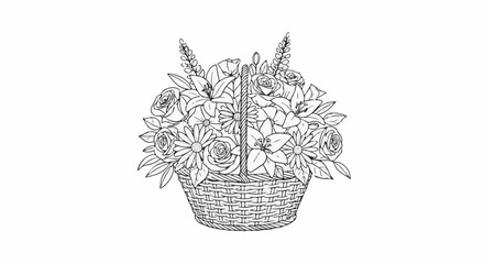 Obraz premium A black and white line drawing of a woven basket overflowing with various flowers