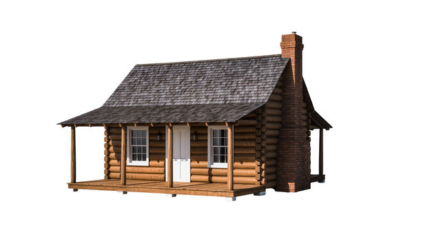 Rustic log cabin with a small porch gable roof and brick chimney, isolated on transparent background for architectural designs and landscapes