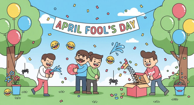 Children celebrating april fool's day with pranks and fun in a colorful outdoor setting with balloons and confetti