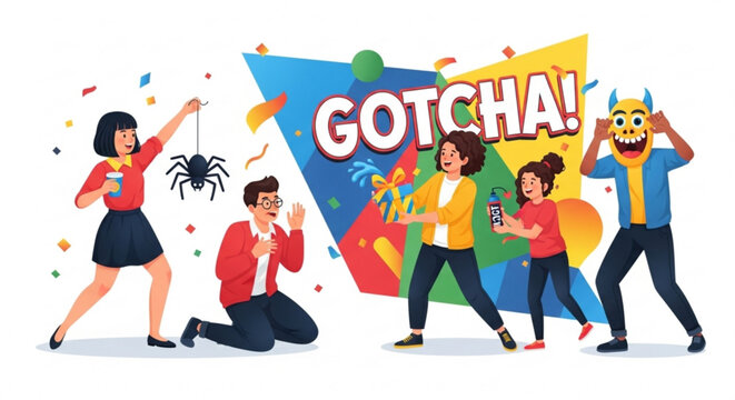 People pranking each other with a spider and funny masks at a party with confetti and colorful background