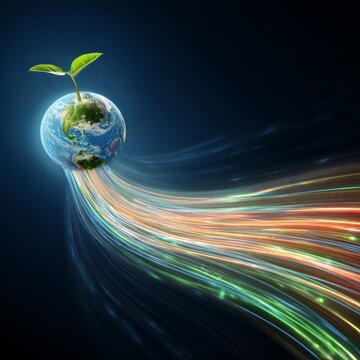 Planetary blossoming: nature's triumph over adversity. Digital communication. World environment in bloom: a rich composition of nature's wonders. Communication lines. Digital networking.