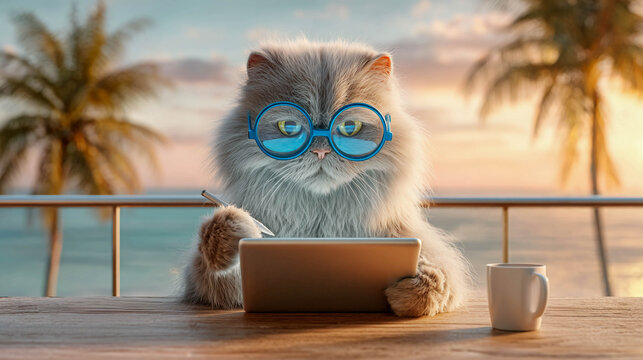 A fluffy ginger cat with glasses is sitting at a table by the sea, drawing on a tablet with a stylus against the backdrop of blurred palm trees and a sunset. Remote work, online learning on vacation.