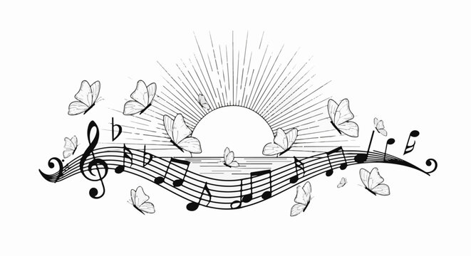 Delicate butterflies dance around a sunburst and musical notes