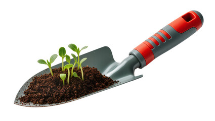 Gray plastic hand trowel filled with dark soil and several vibrant green seedlings, isolated on transparent background for gardening concepts © Agata