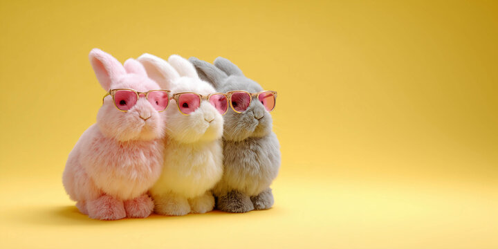 Three fluffy rabbits in pastel colors are sitting side by side on a yellow background, wearing round colored sunglasses and looking straight at the camera.