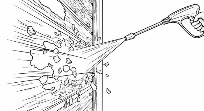 High-pressure washer blasting loose debris from wooden planks