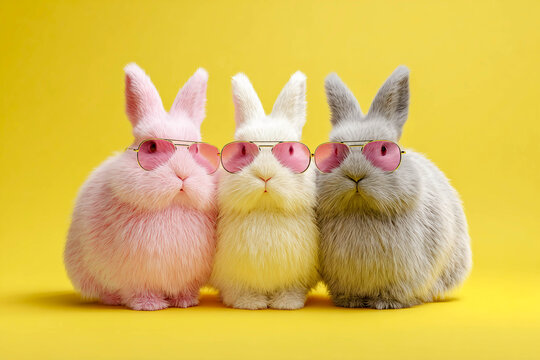 Three fluffy rabbits in pastel colors are sitting side by side on a yellow background, wearing round colored sunglasses and looking straight at the camera.