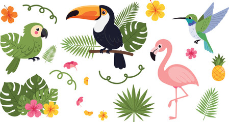 Naklejka premium Tropical Bird Clipart Set with Toucan, Parrot, Flamingo, Hummingbird, Exotic Flowers, Leaves, and Jungle Elements for Summer Designs