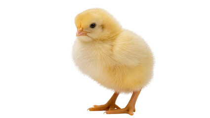 Fluffy yellow baby chick standing with tiny feet looking to the side, isolated on transparent background for springtime designs © Agata