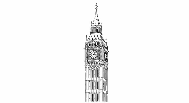 Stylized sketch of a tall clock tower with ornate detailing and a spire