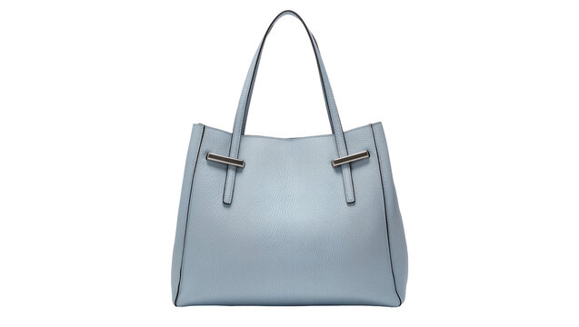 Light blue structured leather handbag with dual top handles and subtle stitching, isolated on transparent background for fashion branding and retail
