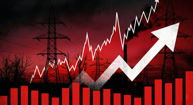 Rising electricity prices graph with power grid pylon silhouettes.