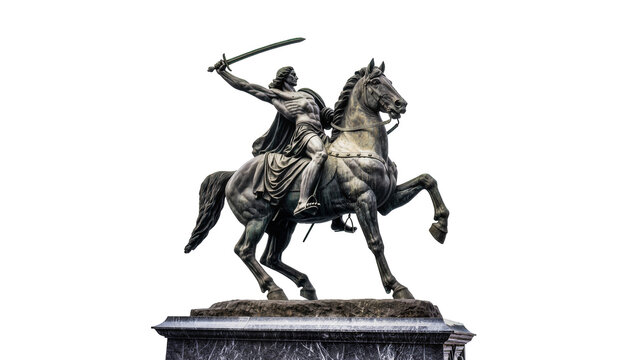 Bronze equestrian statue depicting a heroic warrior riding a rearing dark brown horse, isolated on transparent background for historical artwork designs