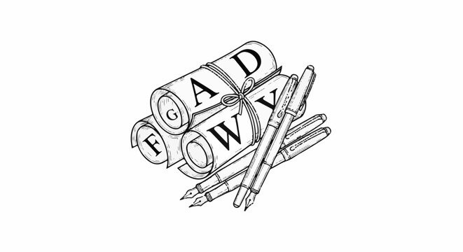 Three rolled scrolls with letters F, G, A, W, D and two pens