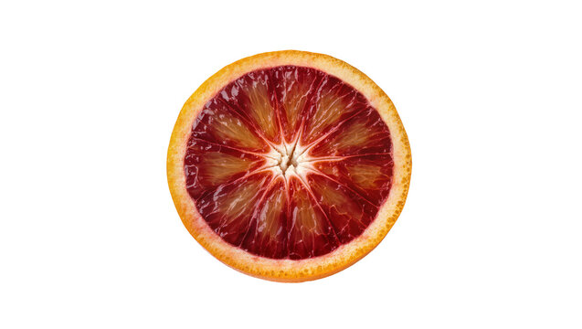 Crimson blood orange half slice displaying vibrant red pulp and textured yellow rind, isolated on transparent background for healthy food designs