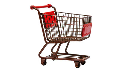 Metallic brown shopping cart with a vibrant red handle and front guard, isolated on transparent background for retail marketing designs © Agata