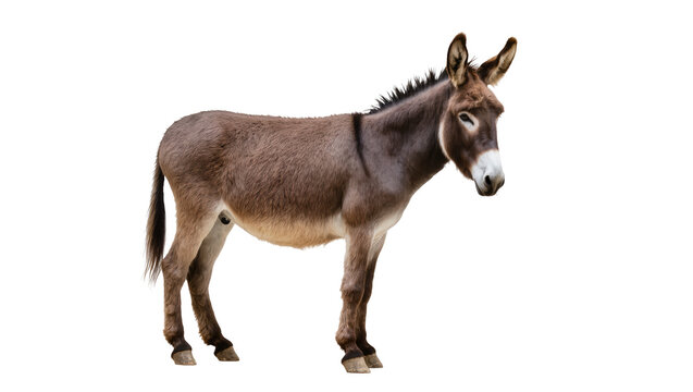 Grayish-brown domestic donkey standing in profile displaying long ears and a dark mane, isolated on transparent background for animal graphics