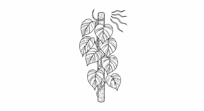 Stylized drawing of a vine plant climbing a support with wavy lines above