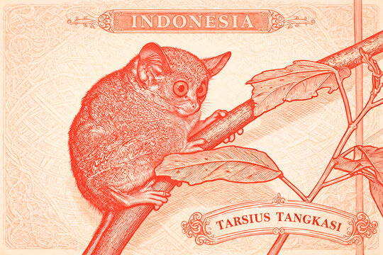 Vintage-style engraving of a tarsier perched on a branch, framed with ornate decorative borders and labeled "INDONESIA" and "TARSIUS TANGKASI," resembling a classic banknote or stamp illustration.