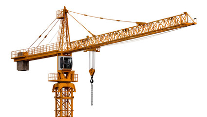 Massive yellow construction crane with intricate steel lattice structure and hanging chain, isolated on transparent background for industrial designs © Julie