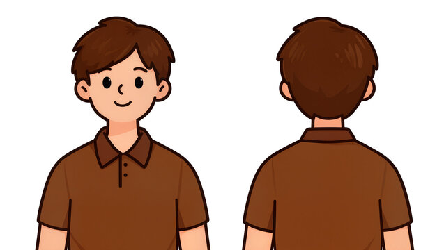 Smiling young boy wearing brown polo shirt facing forward and showing back view, isolated on transparent background for character design