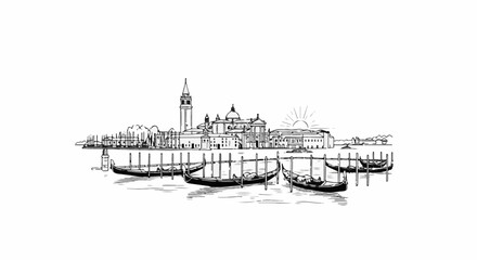 Fototapeta premium Black and white sketch of gondolas in a canal with a distant cityscape at sunrise
