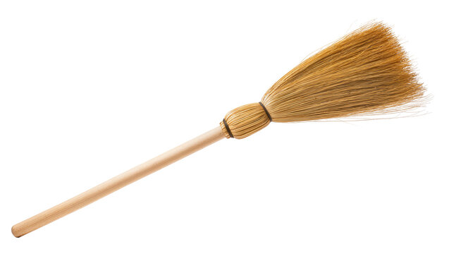 Rustic wooden handled broom with dense golden brown bristles, perfectly isolated on transparent background for cleaning services and home decor