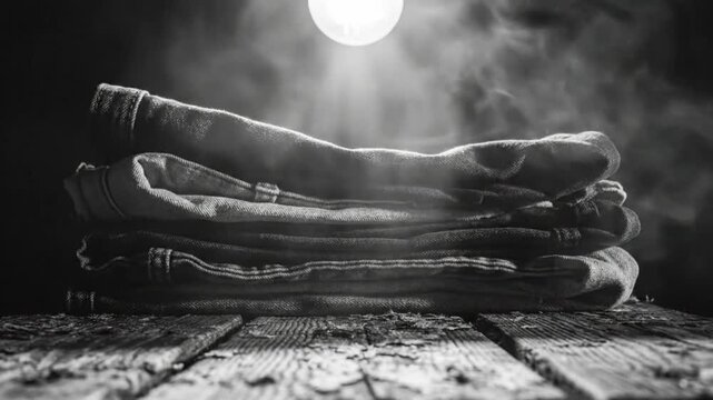 Black and white still life of folded denim jeans on rustic wooden surface with smoke and light flare