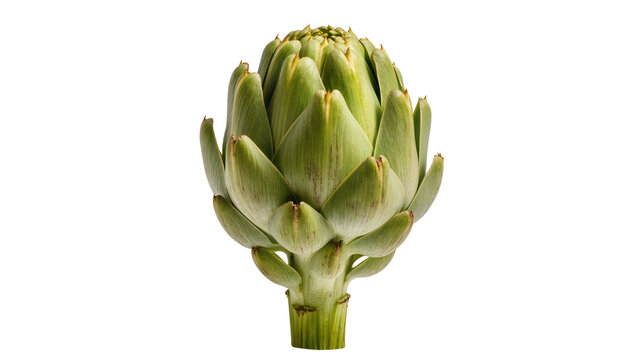 Vibrant green artichoke heart with tightly closed bracts and a short stem, isolated on transparent background for culinary designs and healthy eating concepts
