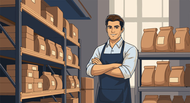 Smiling man in apron stands in a warehouse full of boxed goods