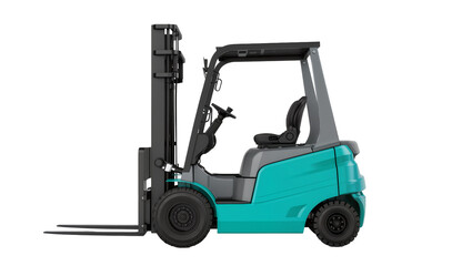 Naklejka premium Modern teal electric forklift truck with sturdy metal forks detailed controls and solid rubber tires, isolated on transparent background for industrial designs